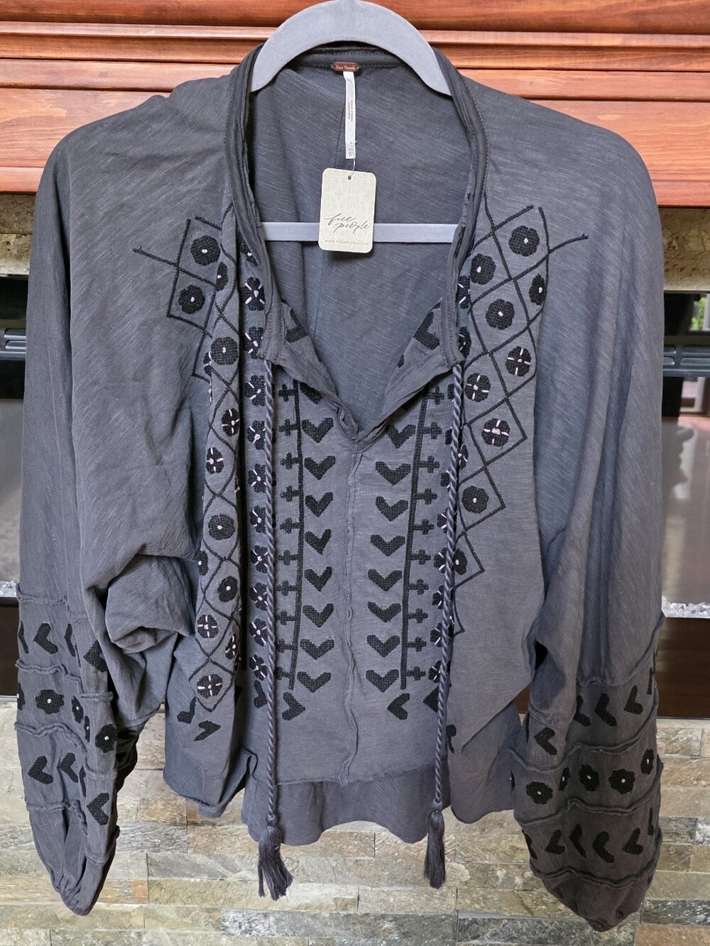 Free People Savannah Embroidered Top  NWT  Washed Black  XS-L (Oversized Fit).